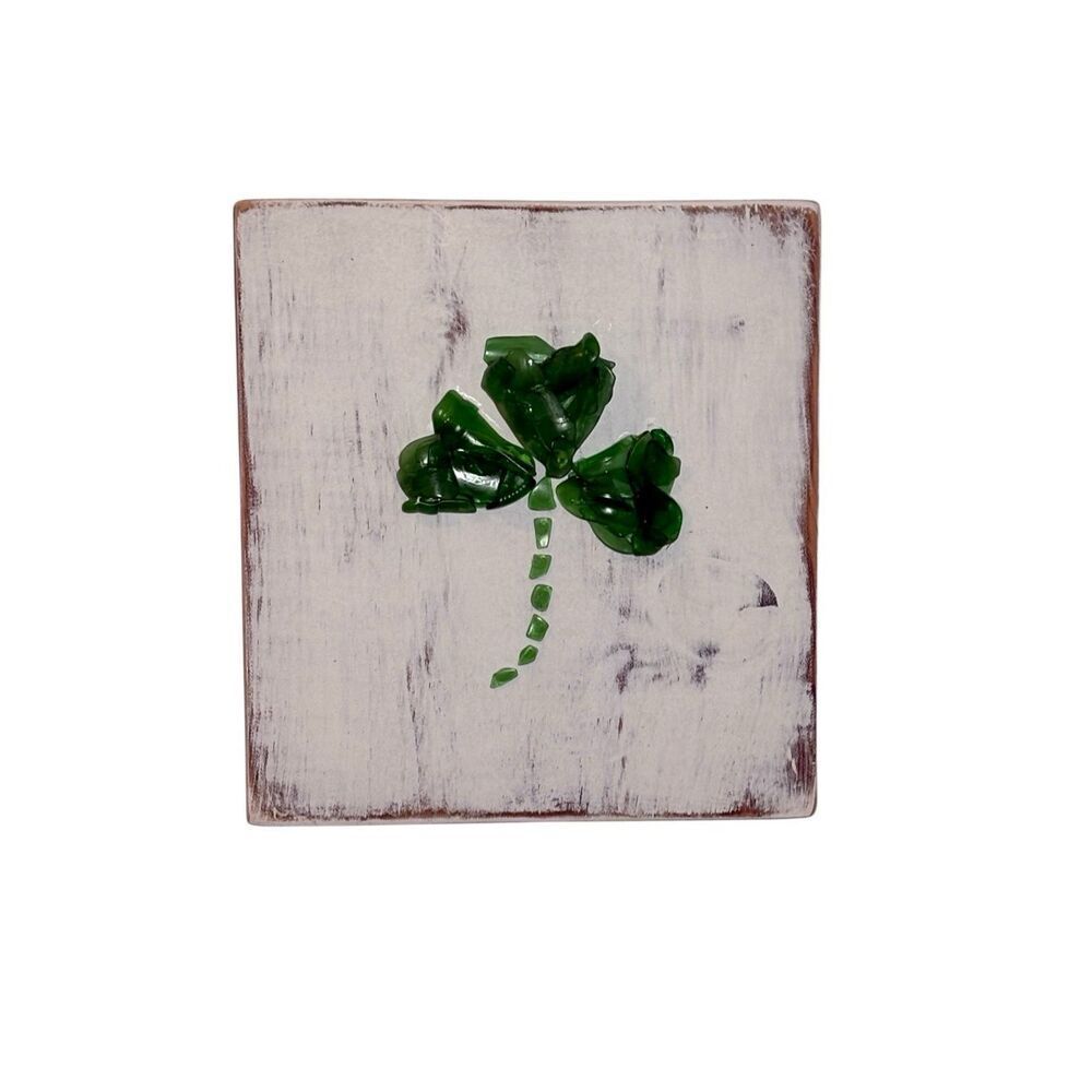 Handcrafted sea glass St. Patrick’s Day shamrock wall hanging 10”x11”